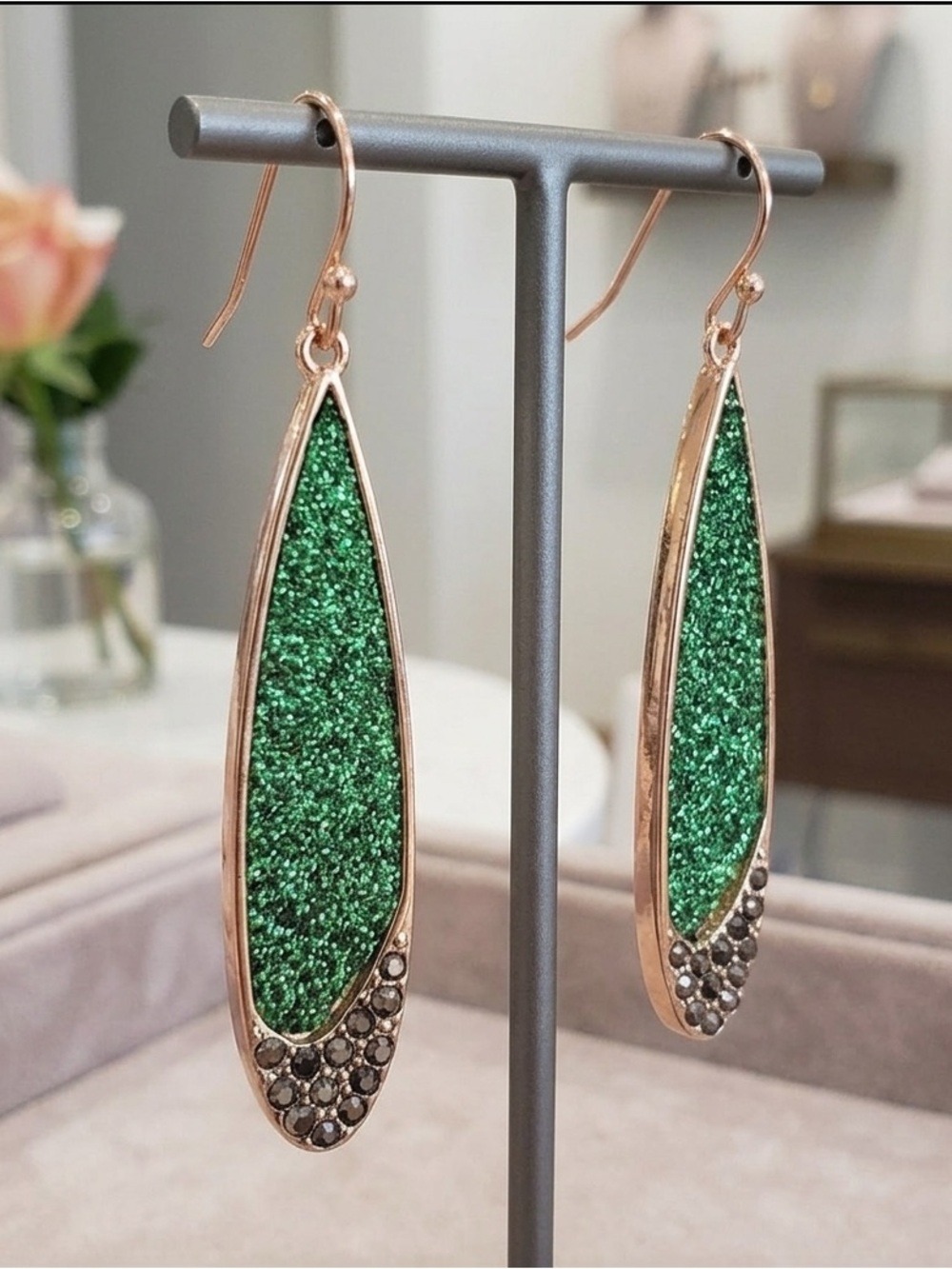 Massini Gold Tone Green Glitter Marcasite Elongated Dangle Earrings 1247 NEW